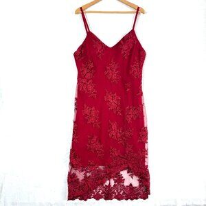 Guess Embroidered Floral Layered Lace Asymmetrical Mini Slip Dress Womens 8 Red